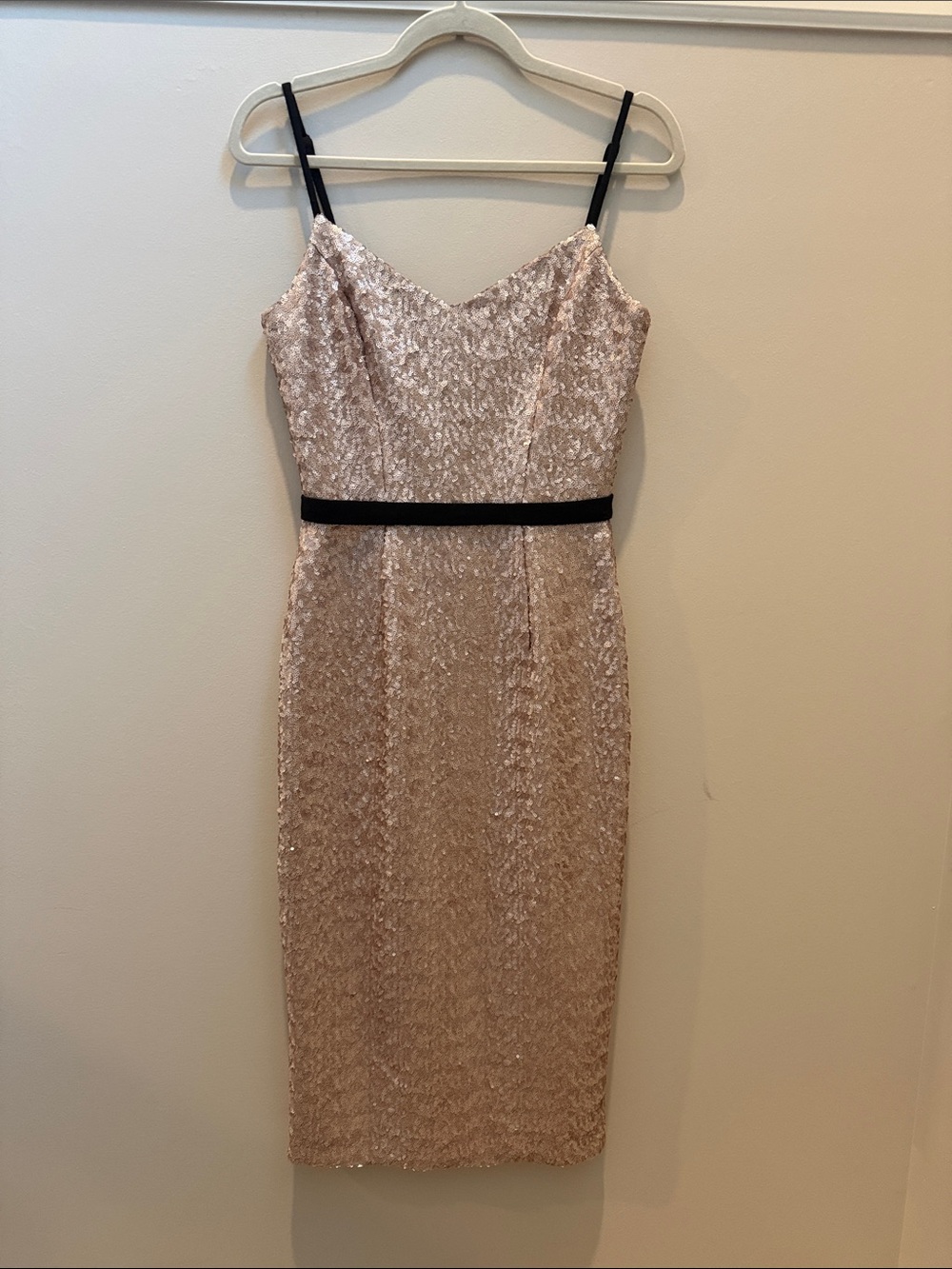 Dress the Population Rose Gold Sequin Midi Dress with Black Trim Sz S